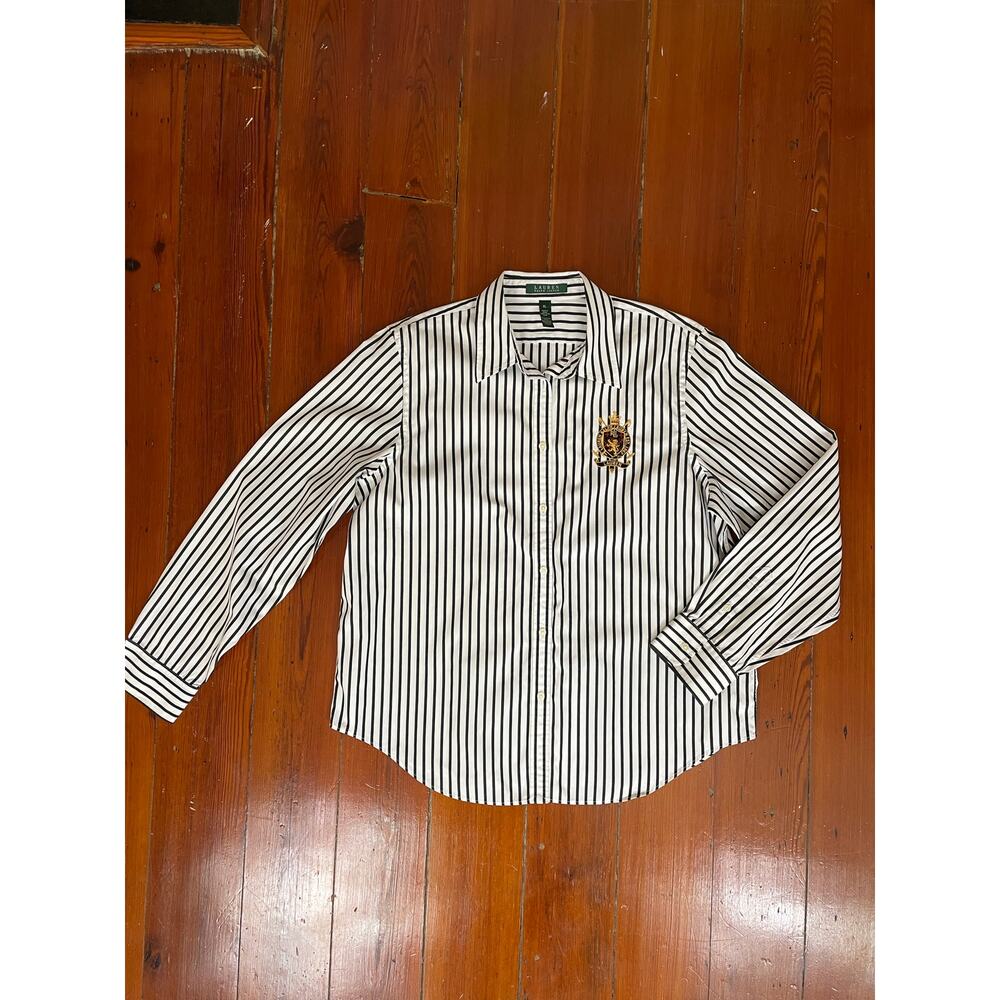 Lauren Ralph Lauren Striped Button Shirt XL Crest Logo Cotton Preppy - Picture 3 of 8
